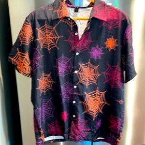 Halloween spider web black button shirt purple orange short sleeve collar mens L